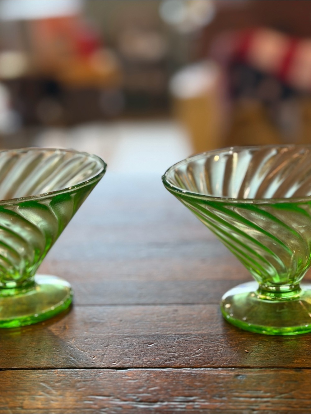 Vintage Green Depression Uranium Glass Sherbet Dessert Cups Set of 2 Glow UV